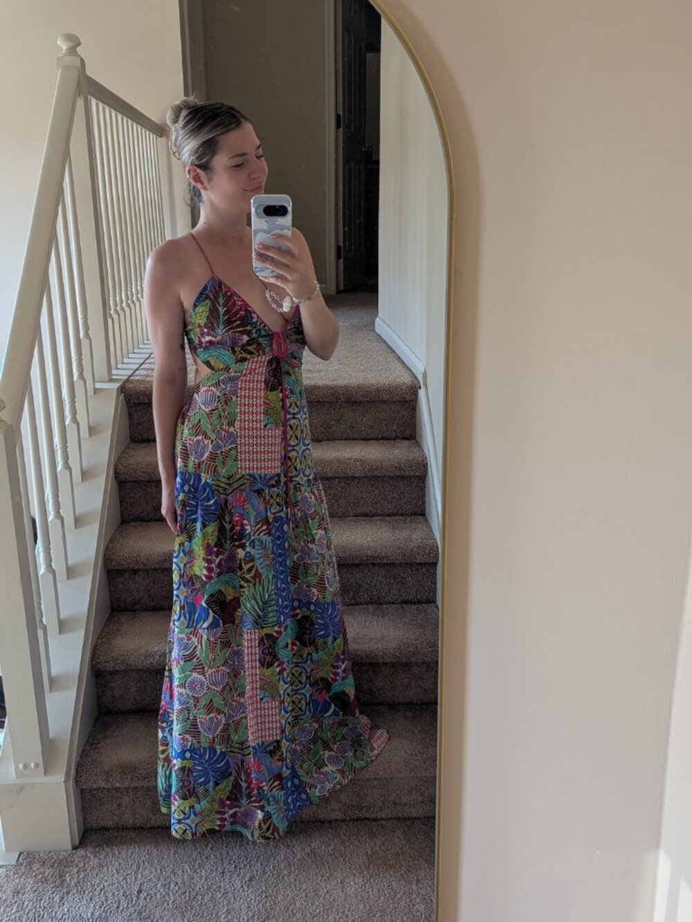 Lulus Monica Multi Print Tie-front Maxi Dress Blue - Size S